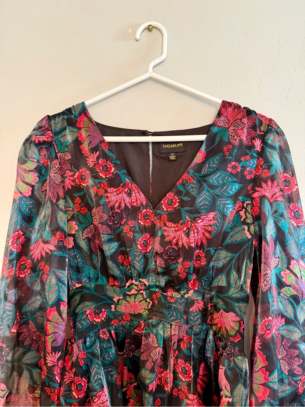 Sugarlips Black Floral Tiered Maxi Dress with Red & Green Print - Picture 2 of 2